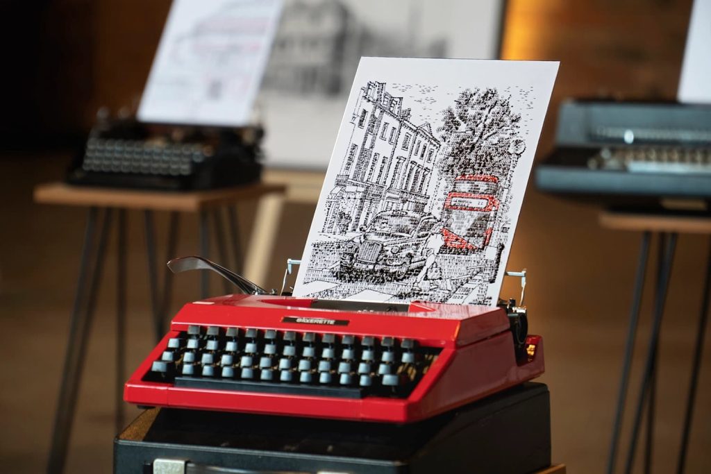10th april 2022 artist james cook displays his london typewriter art at his april 2022 exhibition