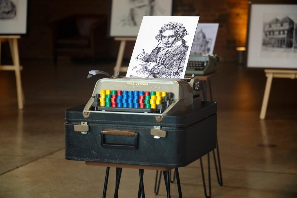 10th april 2022 artist james cook displays beethoven typewriter art at his april 2022 exhibition in londons trinity buoy wharf