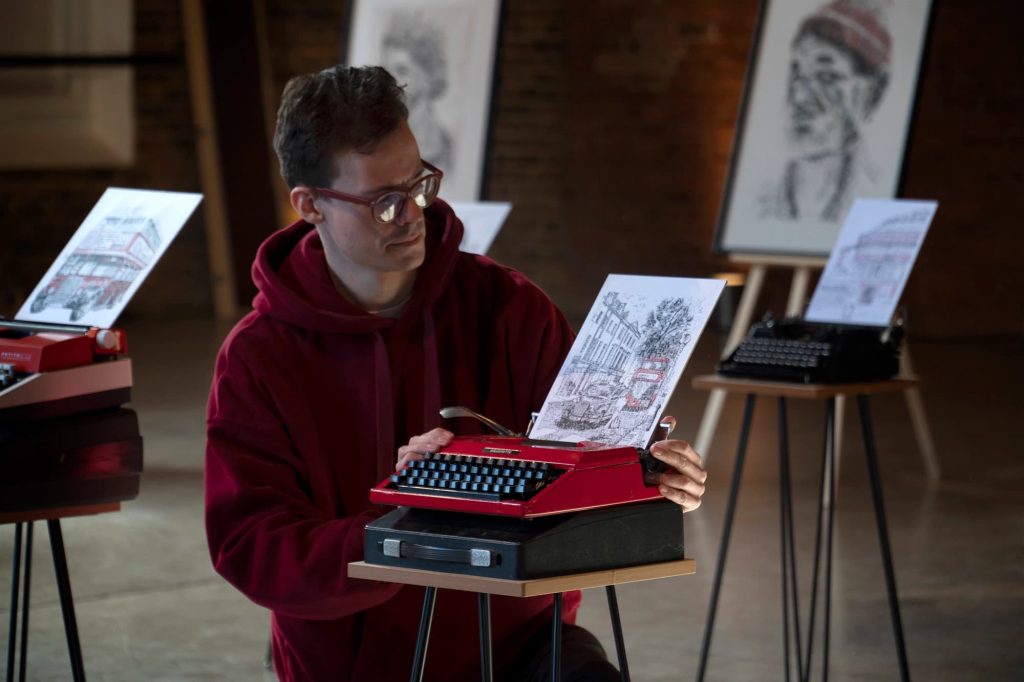 10th april 2022 artist james cook displays his typewriter art at his april 2022 exhibition in lond