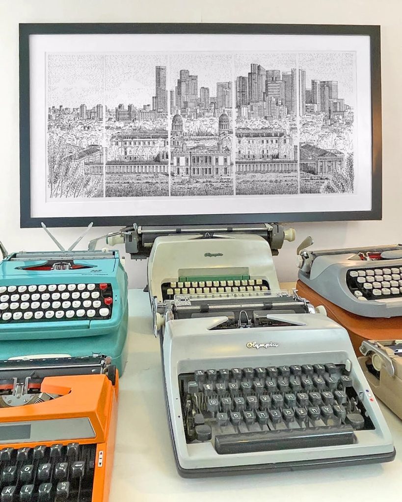 15th march 2022 artist james cook displays his collection of typewriter art from his london studio
