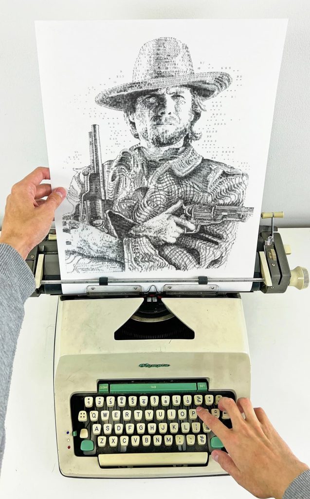 1st september 2022 artist james cook creates typewriter art of clint eastwood