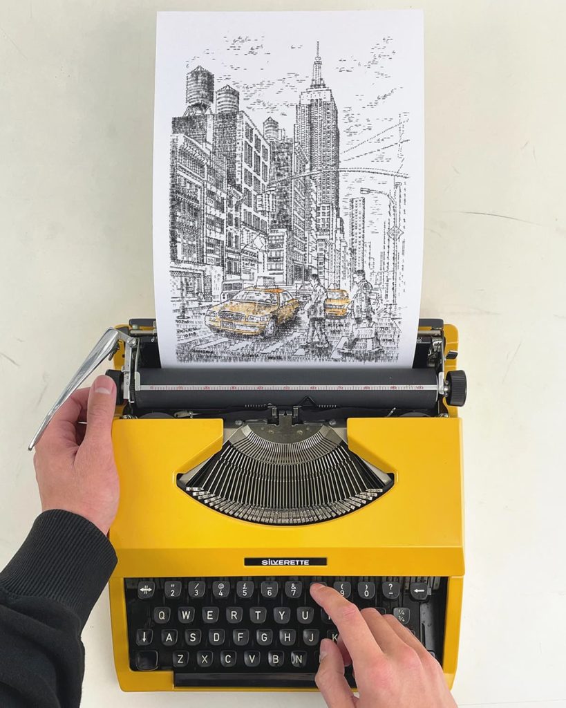 5th june 2022 artist james cook displays empire state building typewriter art in a silverreed typewriter