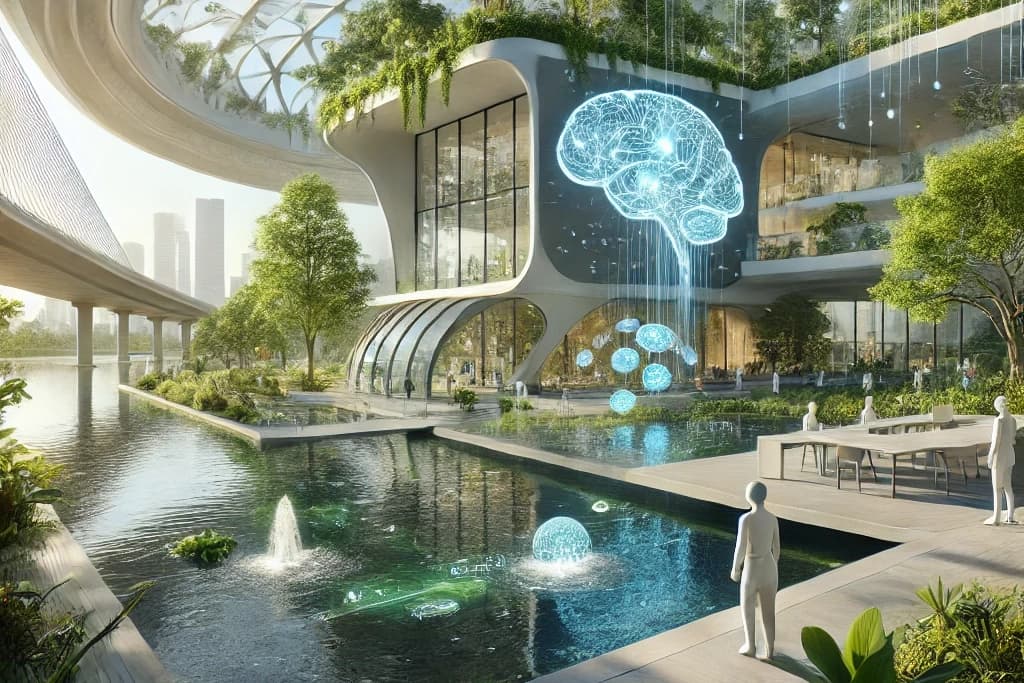 A futuristic architectural design integrating neuroscience and artificial intelligence symbolizing the harmony between human made structures